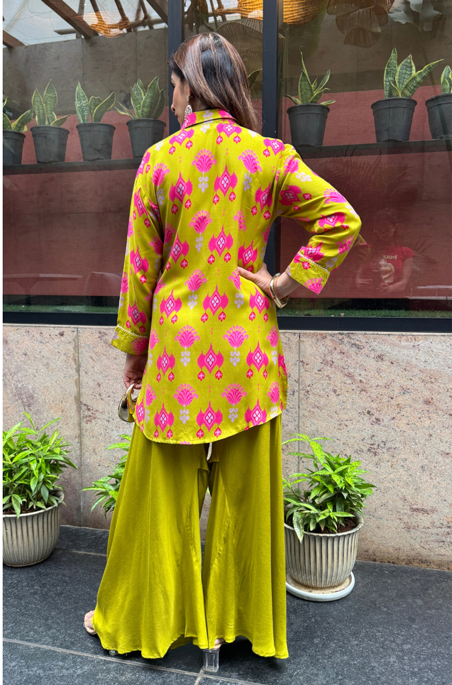 Festive  Lime Green Ikat Printed Short Kurta With Cowl Pant(Pre-order)