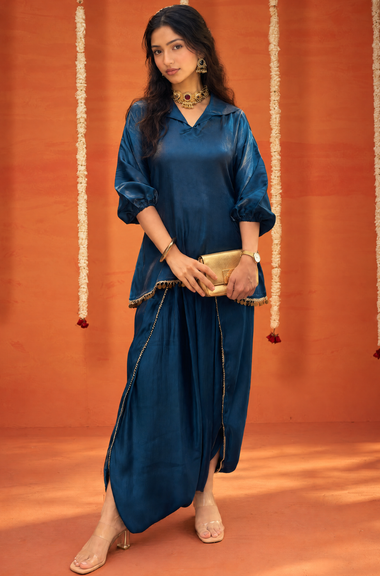 Mizaaj-Dark Blue Tunic style Top  with Dhoti Skirt Set(PRE-0RDER)