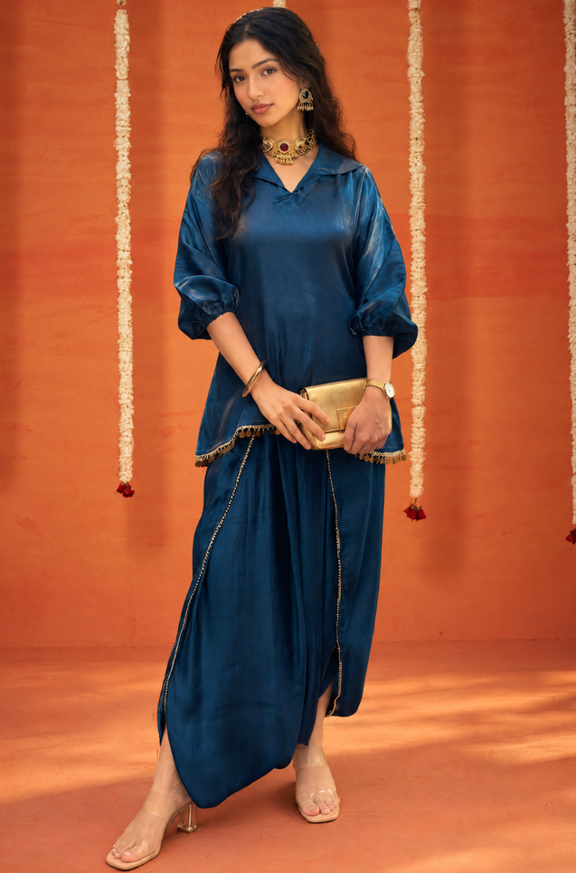 Mizaaj-Dark Blue Tunic style Top  with Dhoti Skirt Set(PRE-0RDER)