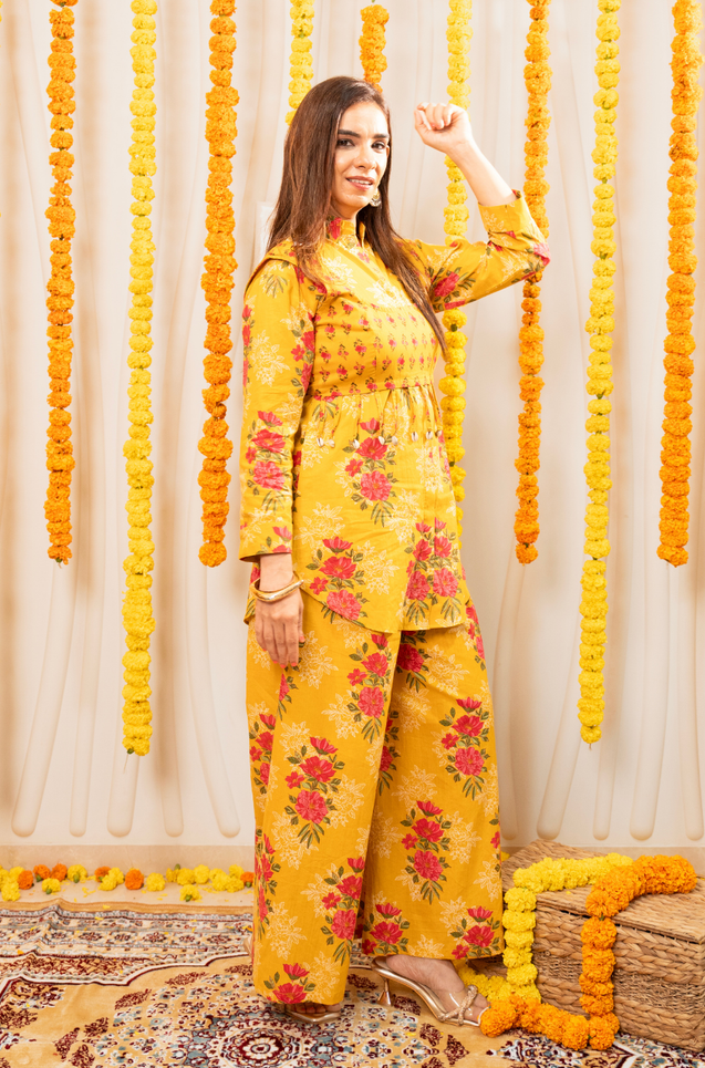 AAFREEN-  Marigold Floral Printed Co-Ord Set with Koti