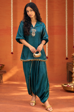 Mizaaj-  Teal  Green Tunic style Top  with Dhoti Skirt Set(PRE-0RDER)