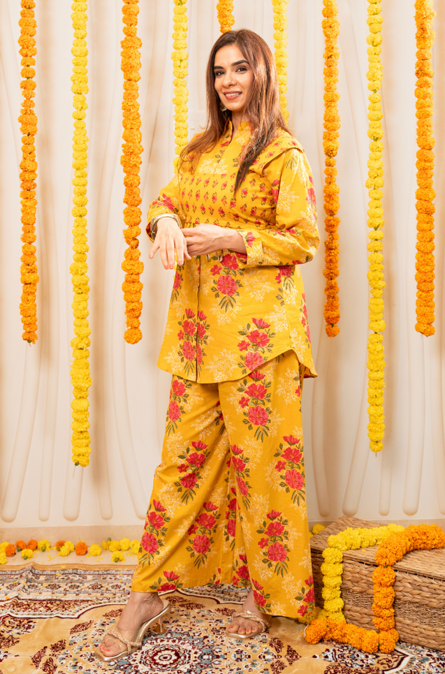 AAFREEN-  Marigold Floral Printed Co-Ord Set with Koti