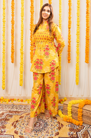 AAFREEN-  Marigold Floral Printed Co-Ord Set with Koti