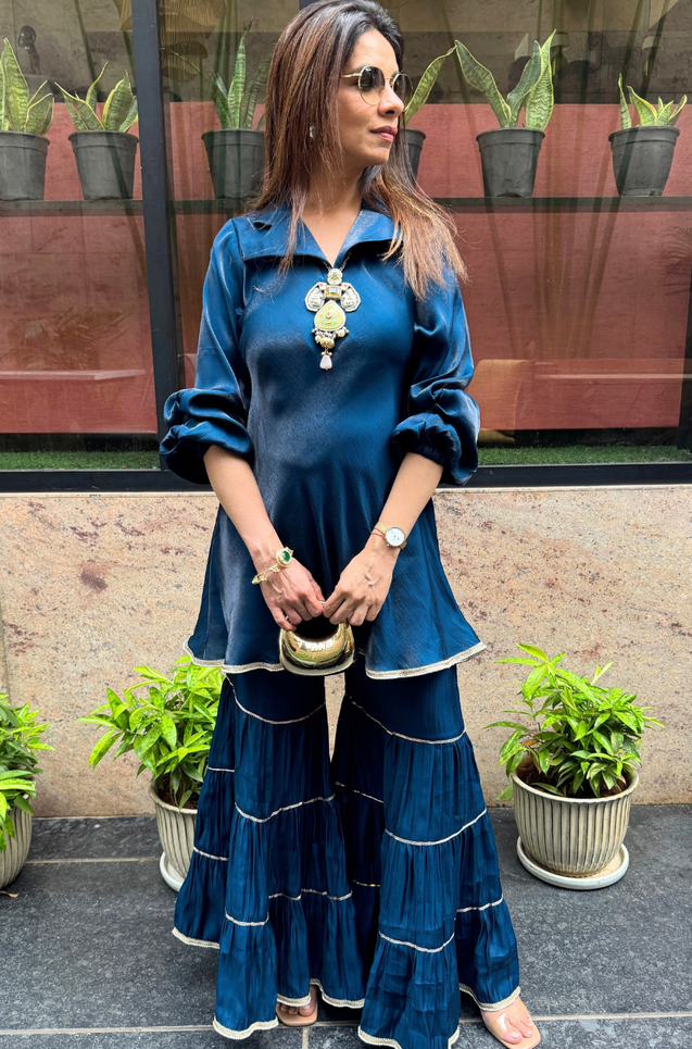 Mizaaj-Teal Blue Tunic Sharara Set