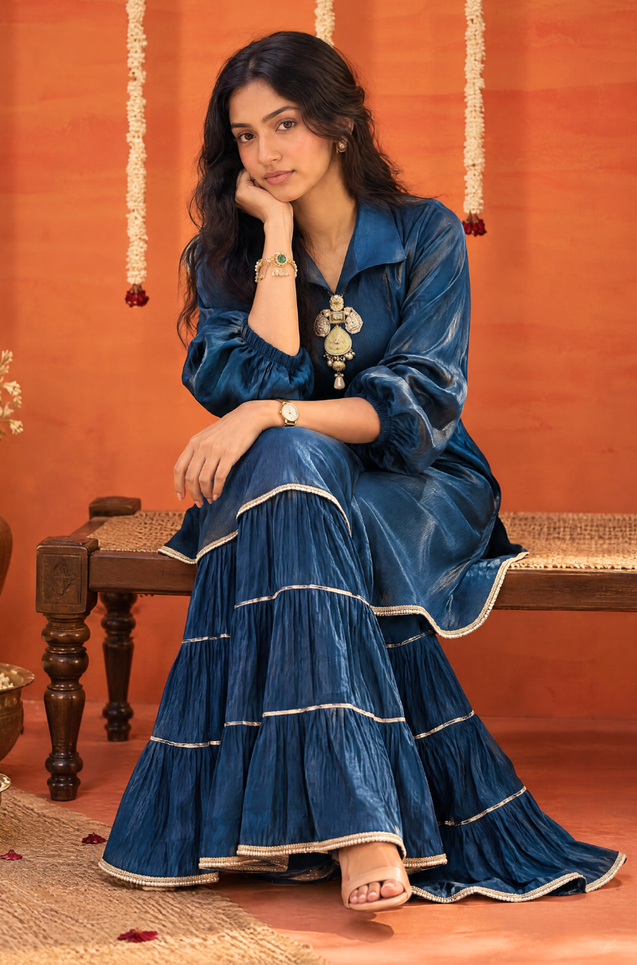 Mizaaj-Teal Blue Tunic Sharara Set