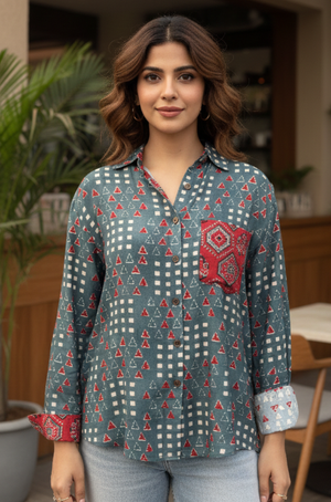 AURA-Blue Pocket Printed Oversized Shirt