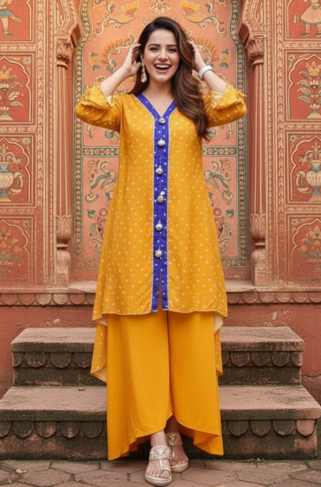 Yellow  Bandhani  High-Low Kurta With  Flared Pant