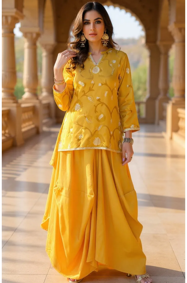FITOOR-Golden Mustard Short Kurta with Turkey Skirt