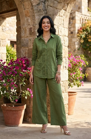 Rozana- Olive Green Shirt Collar Cutwork Co-Ord Set with Straight Pants
