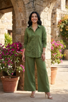 Rozana- Olive Green Shirt Collar Cutwork Co-Ord Set with Straight Pants