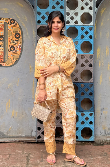 Mustard Floral Printed Hakoba Co-ord set