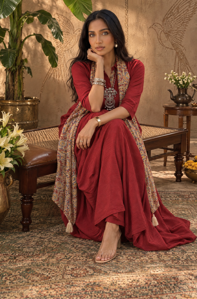 Rozana-Red Cotton Slub Elegant Fusion Drape  Dress(Pre-Order)