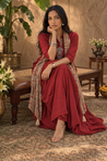 Rozana-Red Cotton Slub Elegant Fusion Drape  Dress(Pre-Order)