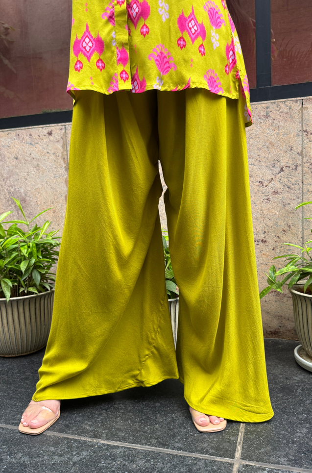 Festive  Lime Green Ikat Printed Short Kurta With Cowl Pant(Pre-order)