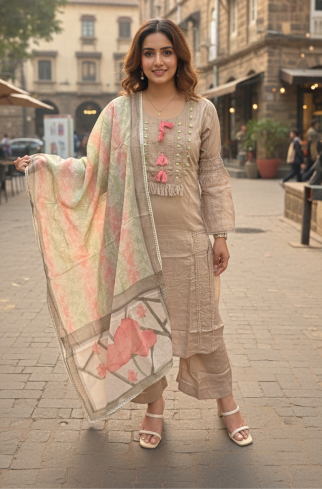 MALANG- Taupe Three Piece Suit Set With Printed Dupatta