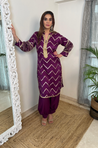 Wine Chevron Pattern  Kurta With Pathani Pant