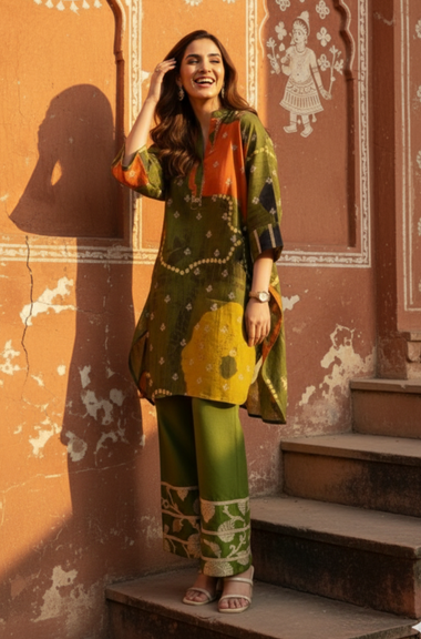 MEHER-Olive  Bandhani Ethnic  Kurta set