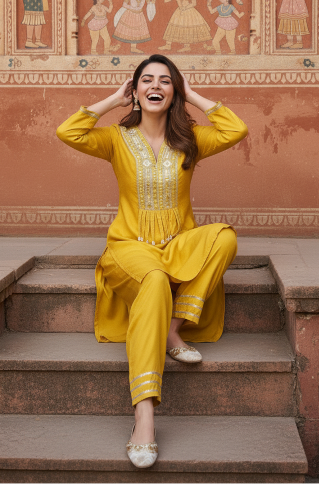 FITOOR- Saffron Yellow Embroidered Kurta Set
