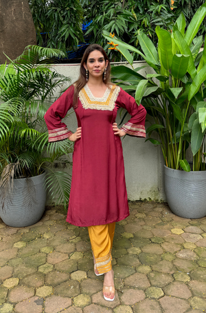 RAAS-Maroon & Yellow Glass Neckline Two Piece Set