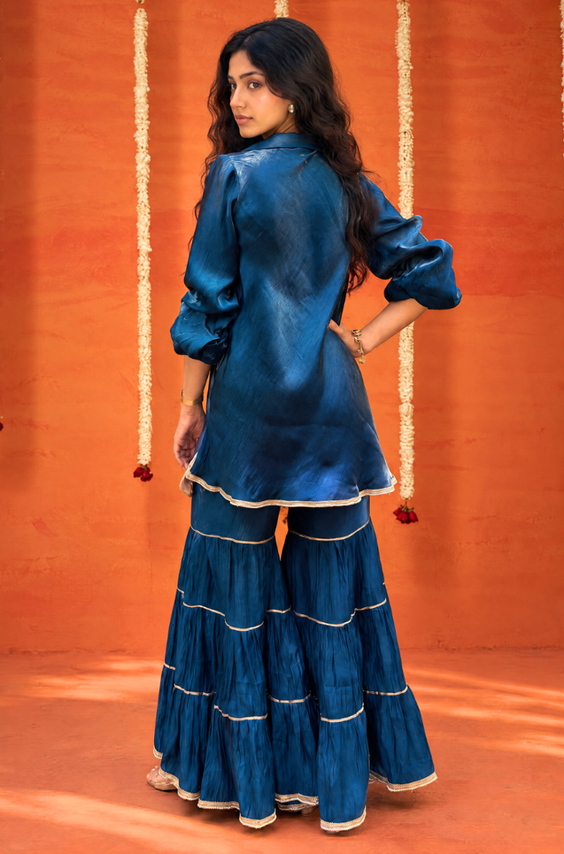 Mizaaj-Teal Blue Tunic Sharara Set