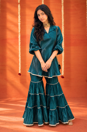 Mizaaj- Teal Green Tunic Sharara Set