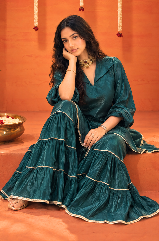 Mizaaj- Teal Green Tunic Sharara Set