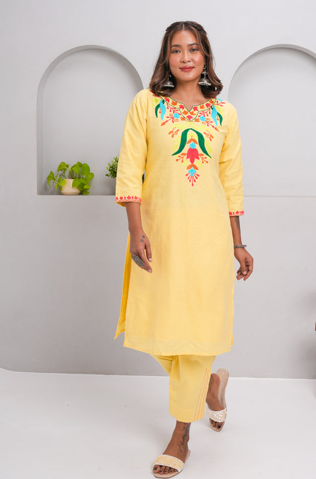 ZAIB- Yellow Multicolor Embroidered two piece Set