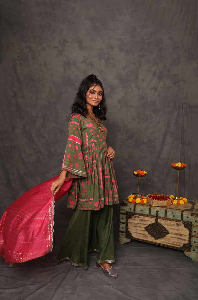 GEET-Moss Green Peplum Three Piece Suit Set