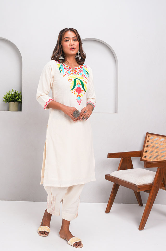 ZAIB- White Multicolor Embroidered two piece Set