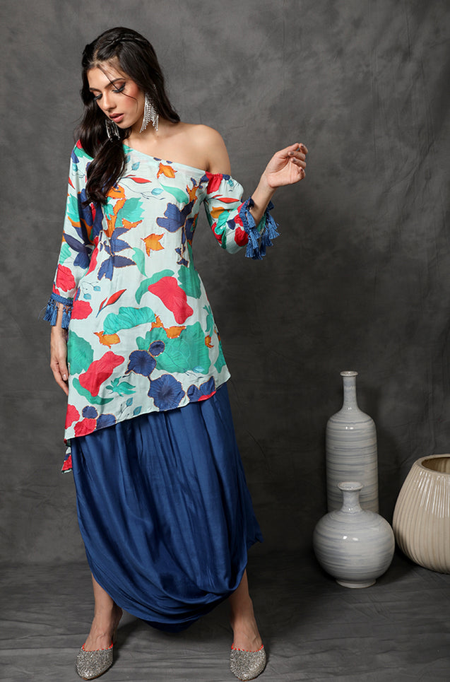 MASAKALI - Floral Asymmetrical Top With Draped Skirt