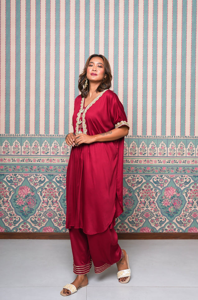 JHOOM-Maroon Solid Batwing Sleeves Two Piece Set