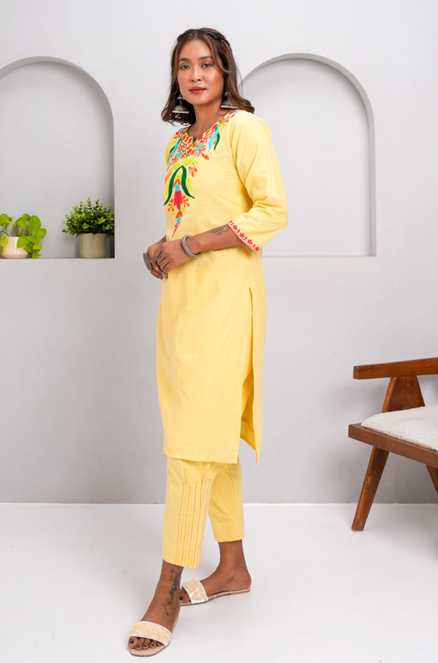 ZAIB- Yellow Multicolor Embroidered two piece Set