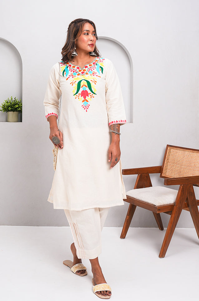 ZAIB- White Multicolor Embroidered two piece Set