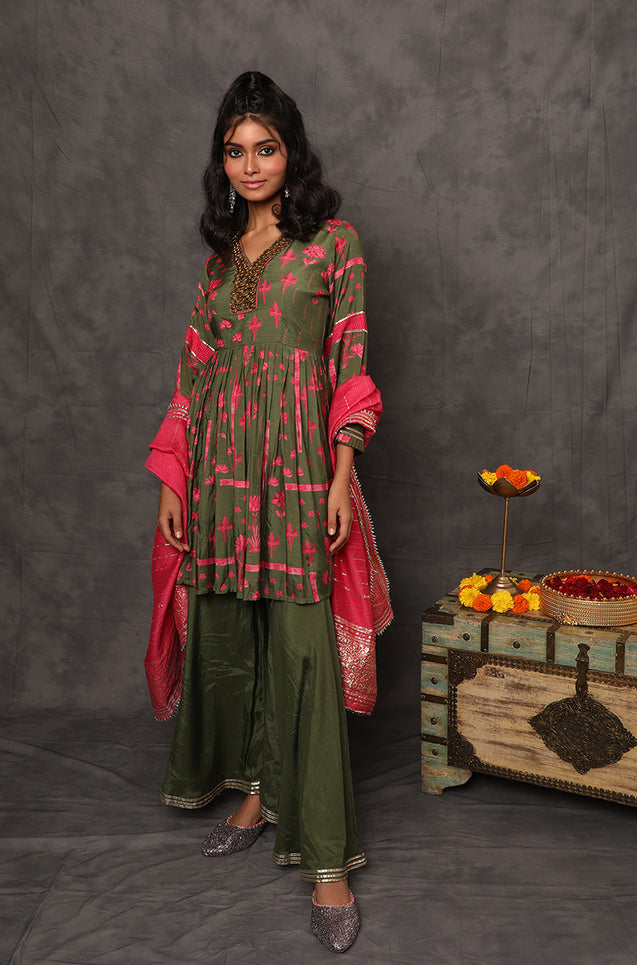 GEET-Moss Green Peplum Three Piece Suit Set