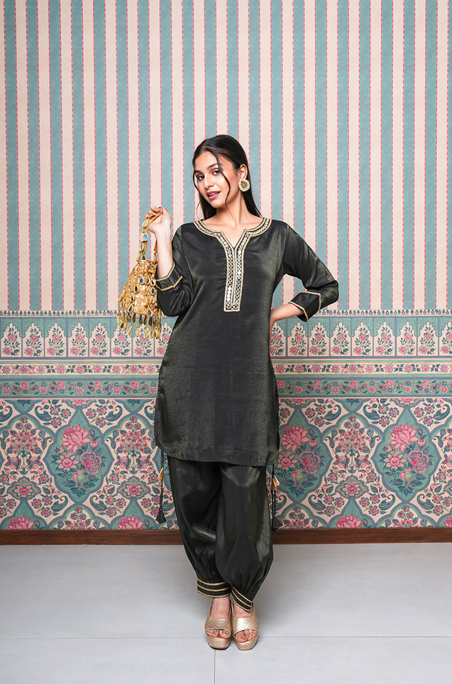 PASSORI -Black  Shimmer Pathani  Two Piece Set