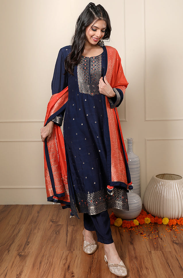 ROOH - Navy Blue Three Piece Suit Set With Contrast Dupatta