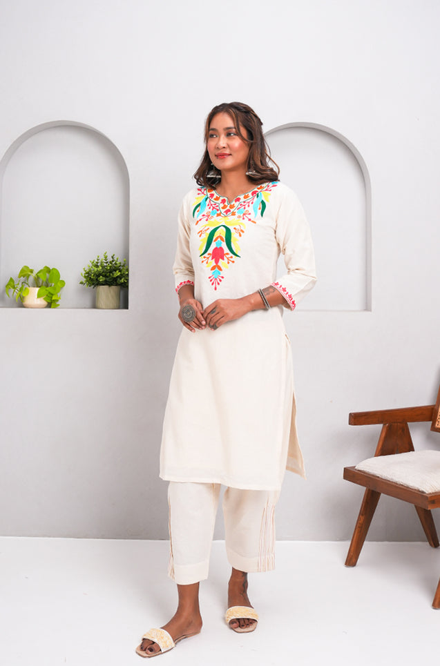 ZAIB- White Multicolor Embroidered two piece Set