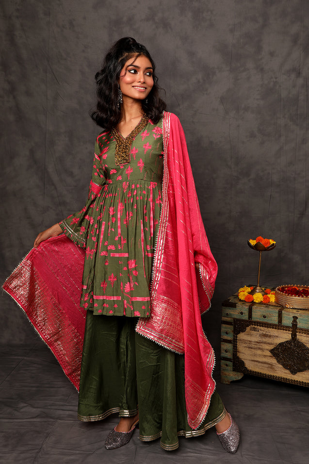 GEET-Moss Green Peplum Three Piece Suit Set