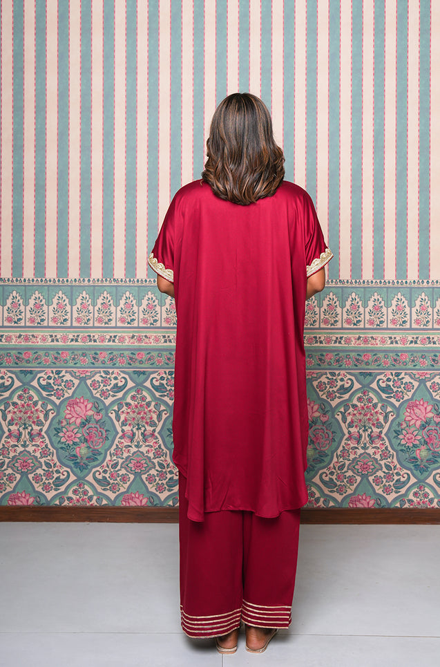 JHOOM-Maroon Solid Batwing Sleeves Two Piece Set