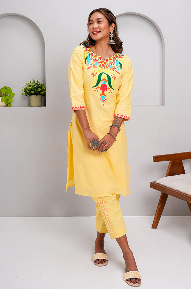 ZAIB- Yellow Multicolor Embroidered two piece Set