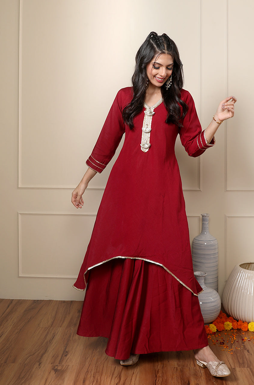 crimson red color dress Radiate elegance in this crimson red gown Samant Chauhan