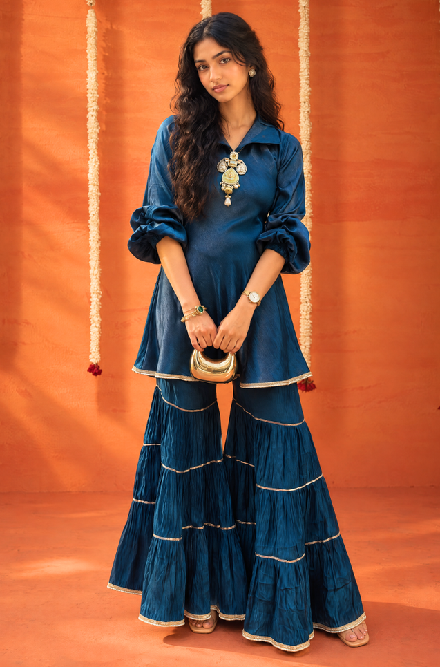 Mizaaj-Teal Blue Tunic Sharara Set