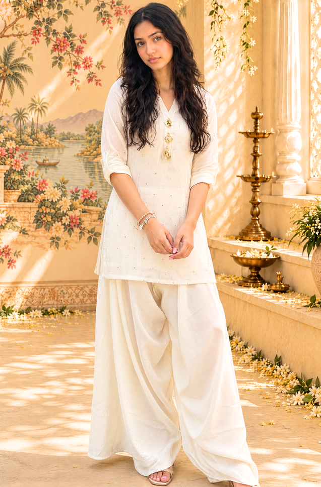Festive White Kurta with Cowl Pants Set