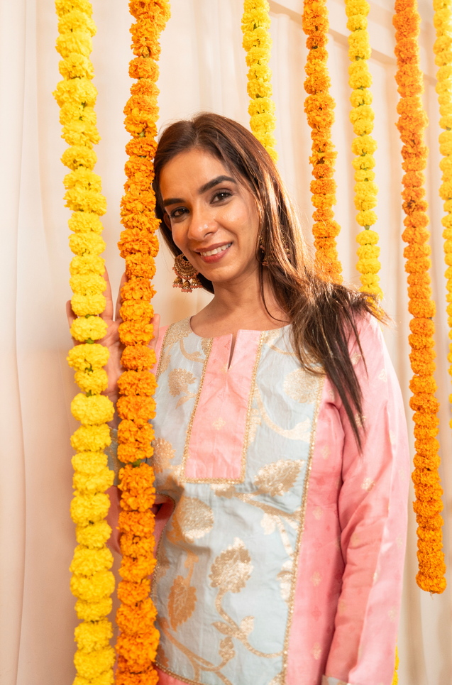 PHULJARI -Pastel Pink  Farshi Salwar Set With Potli Bag