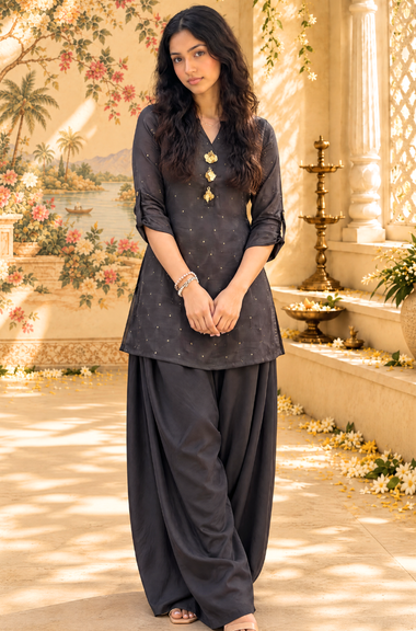 Festive Black Kurta with Cowl Pants Set