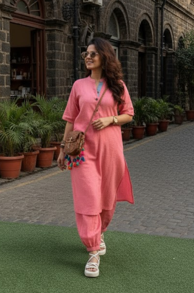 Rozana -Coral Pink Co-ord Kurta Set