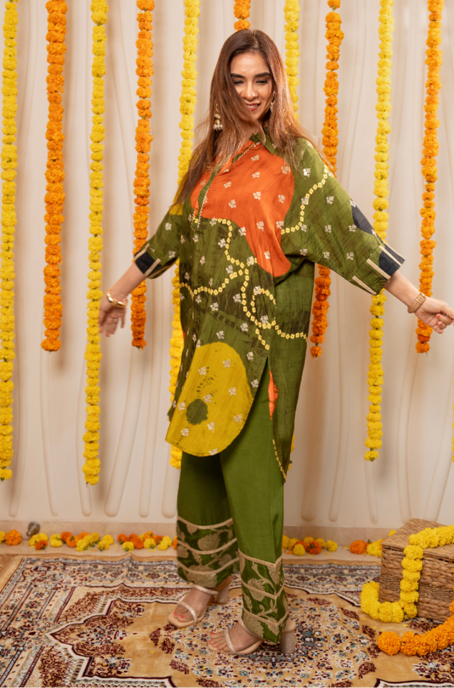 MEHER-Olive  Bandhani Ethnic  Kurta set