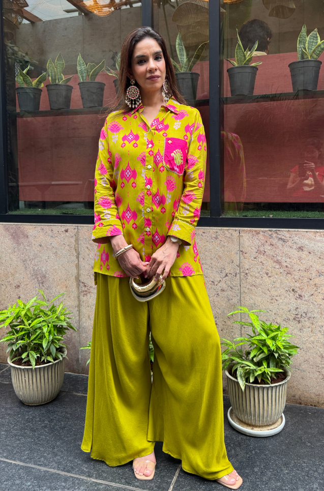 Festive  Lime Green Ikat Printed Short Kurta With Cowl Pant(Pre-order)