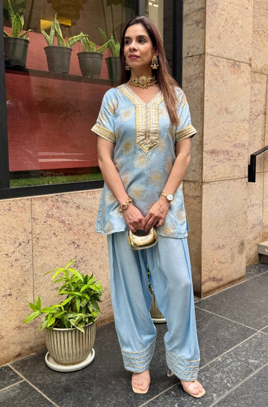 Farshi- Powder Blue Farshi set with Kurta and Wide leg Pants (Pre-Order).