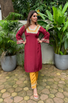 RAAS-Maroon & Yellow Glass Neckline Two Piece Set